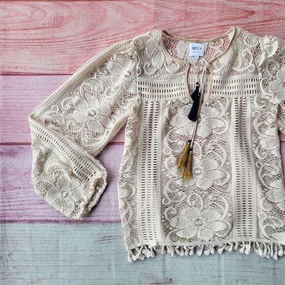 Misa Cream Long Sleeve Split V-Neck Sheer‎ Crochet Lace Tassel Boho Blouse S - Picture 3 of 6
